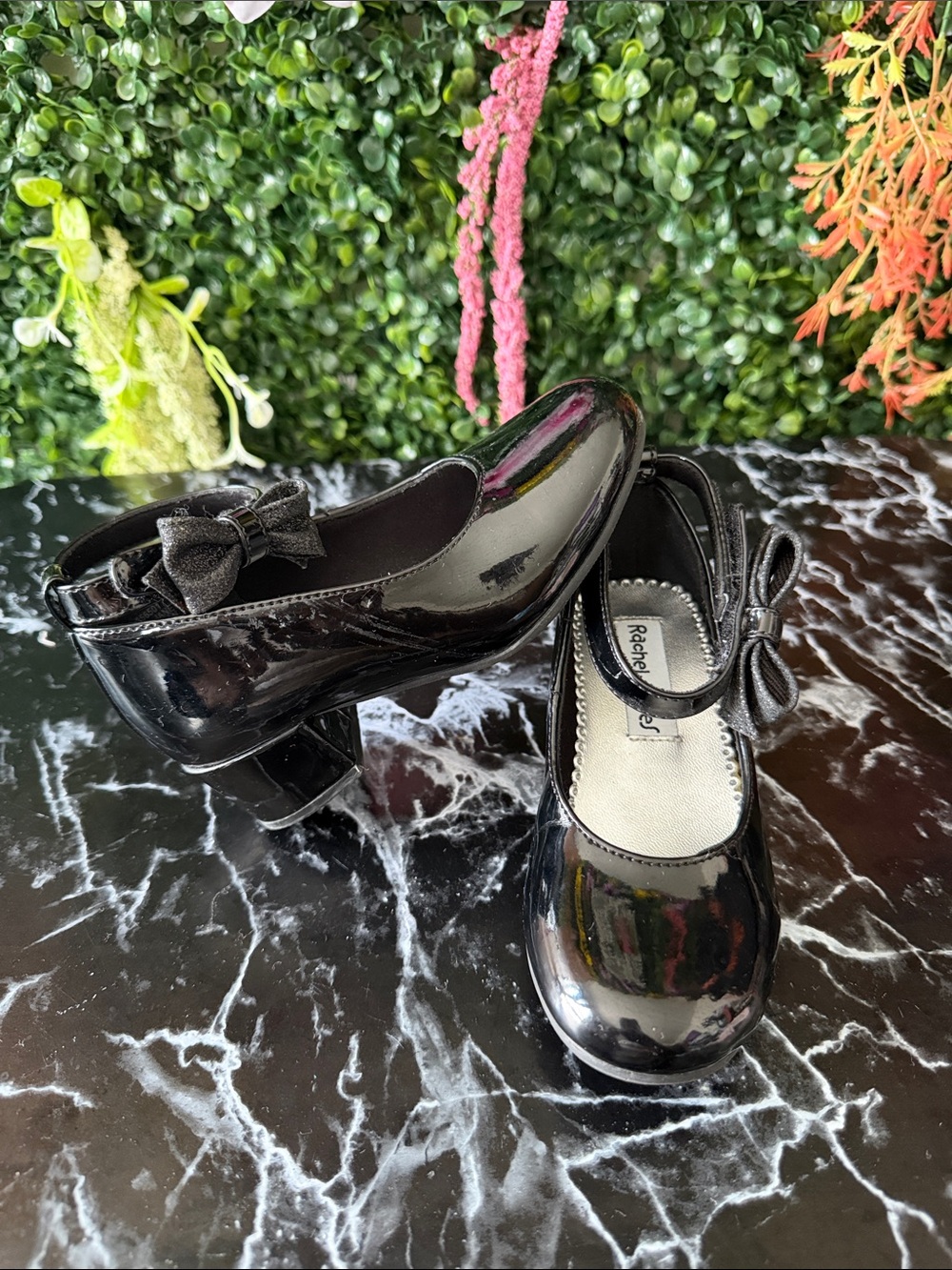 Rachel Black Patent Mary Jane Shoes with Bow Strap